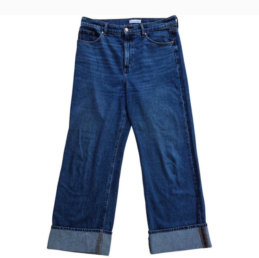 LOFT Wide Leg Cuffed Jeans in Dark Blue Denim
